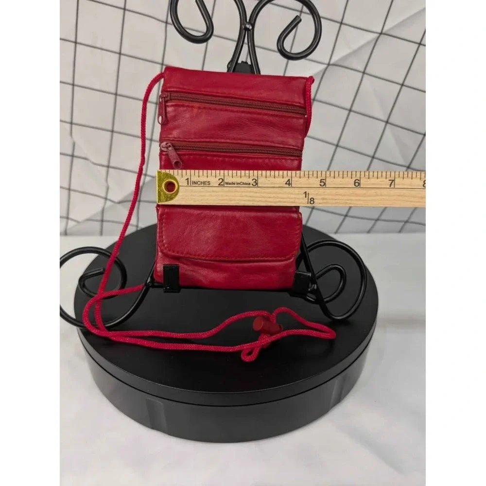 Red Leather Neck Pouch/Crossbody Bag ~ Small Travel Wallet/Purse